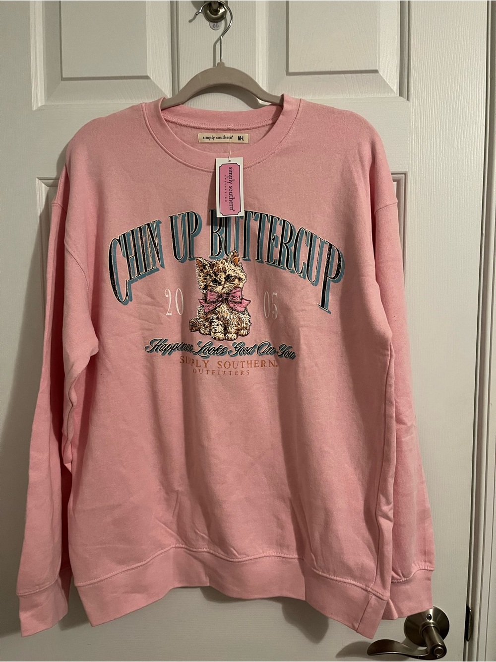 Simply Southern Pink Sweatshirt with Kitten 'Chin Up Buttercup' Graphic M-L NWT